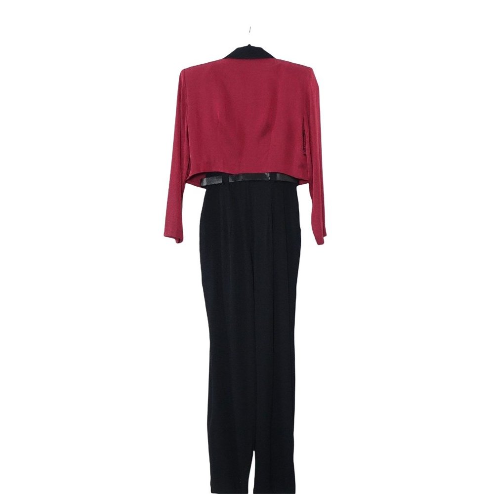 Black Wine Jumpsuit, with Cropped Jacket, Jaquard Floral Pattern, by Dawn Joy II - Picture 3 of 10